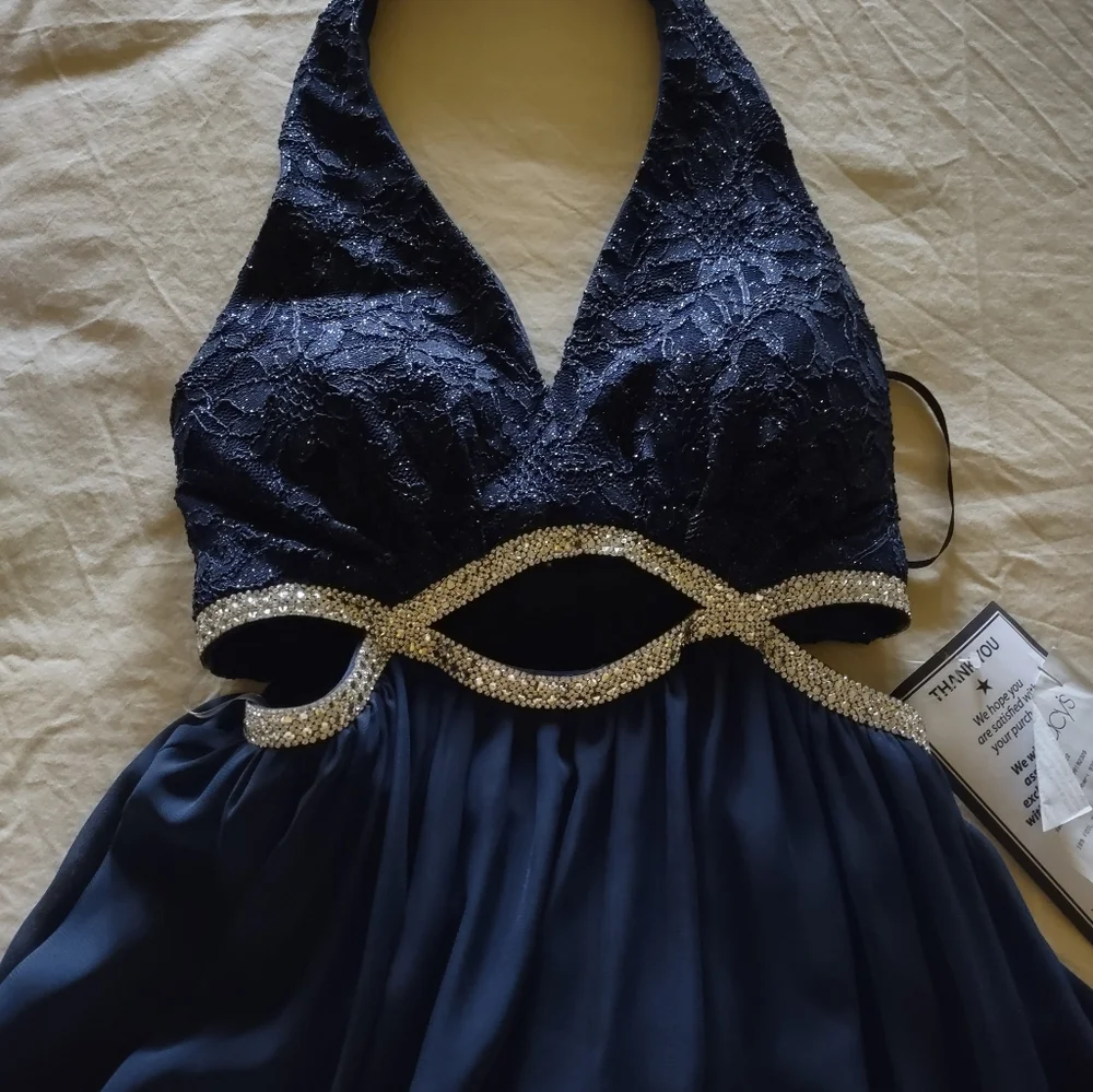 Navy Blue Long Halter top Evening gown, Sequin - Picture 1 of 10